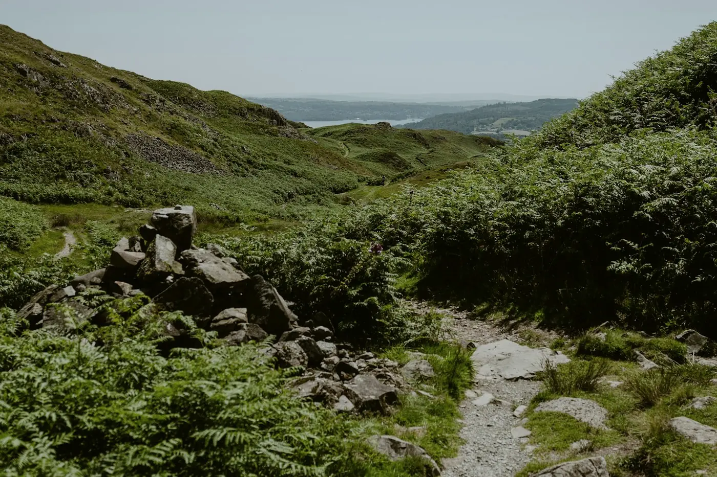 A gravel path leading through green hills